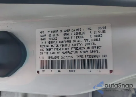 2006 Acura Tl из США, поврежденный, VIN 19UUA66216A070265